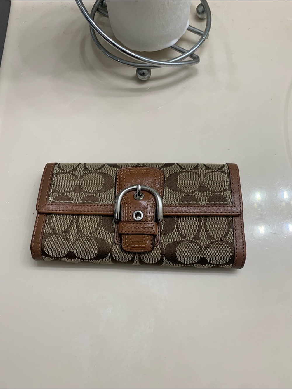 Coach Brown/Tan Signature Canvas Folding Wallet with Buckle